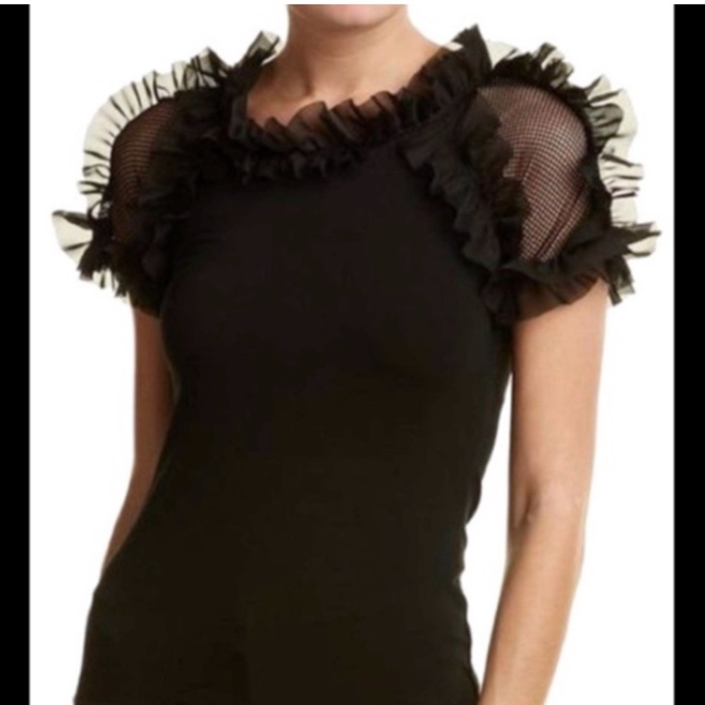 Gracia Black Ruffle Mesh Puff Sleeve Top